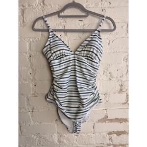 Cupshe Striped One Piece Swimsuit Small Blue White Ruched V Neck Beach